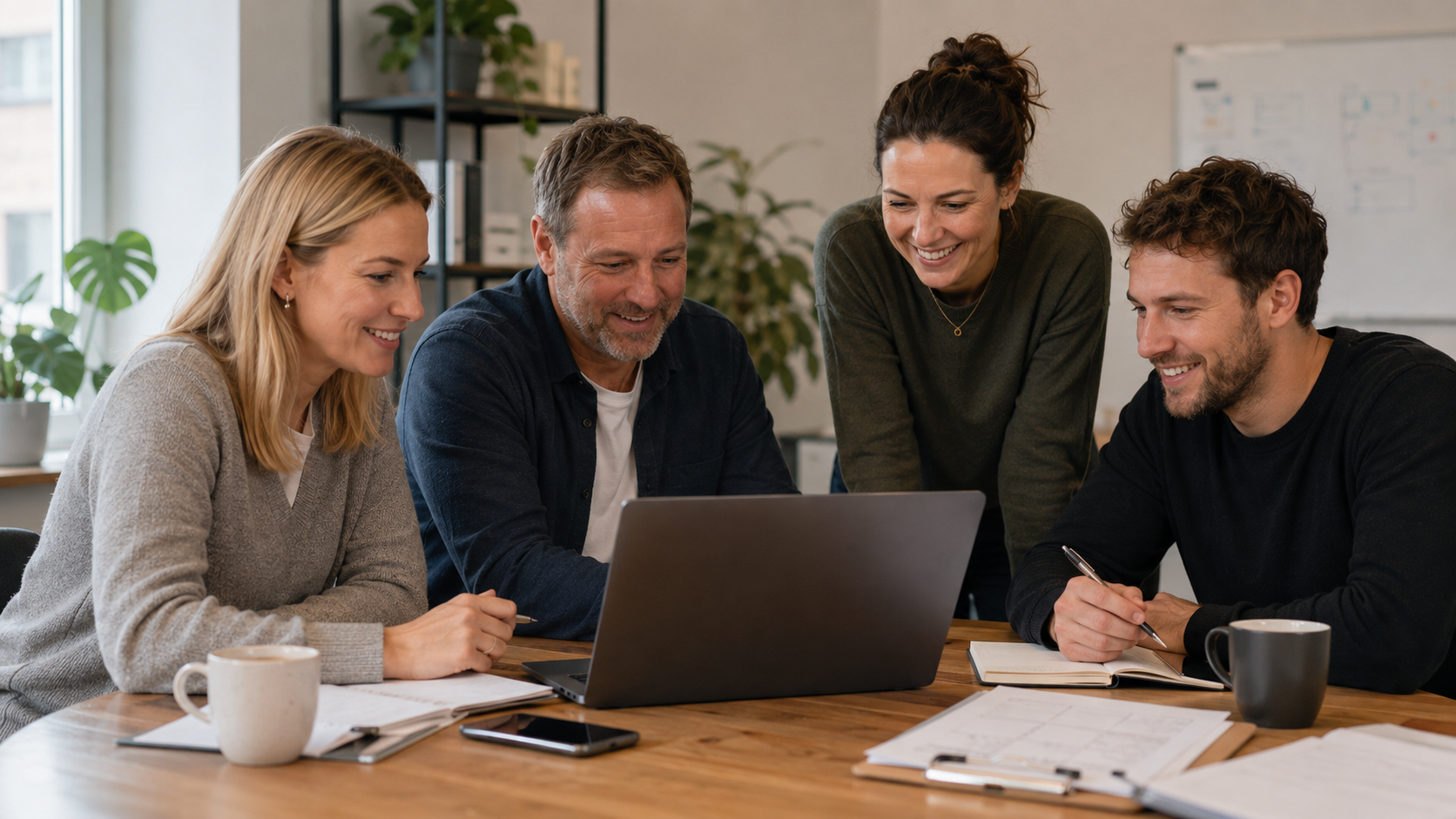 Small sales team reviewing customer follow-up around a laptop